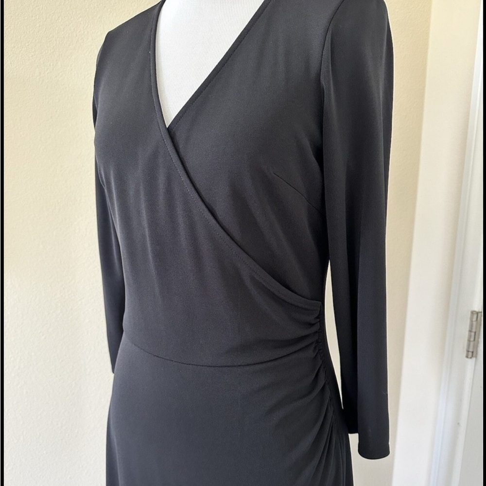 LOFT Black Dress Womens Faux Wrap 3/4 Sleeve Ruched Sheath Career Cocktail